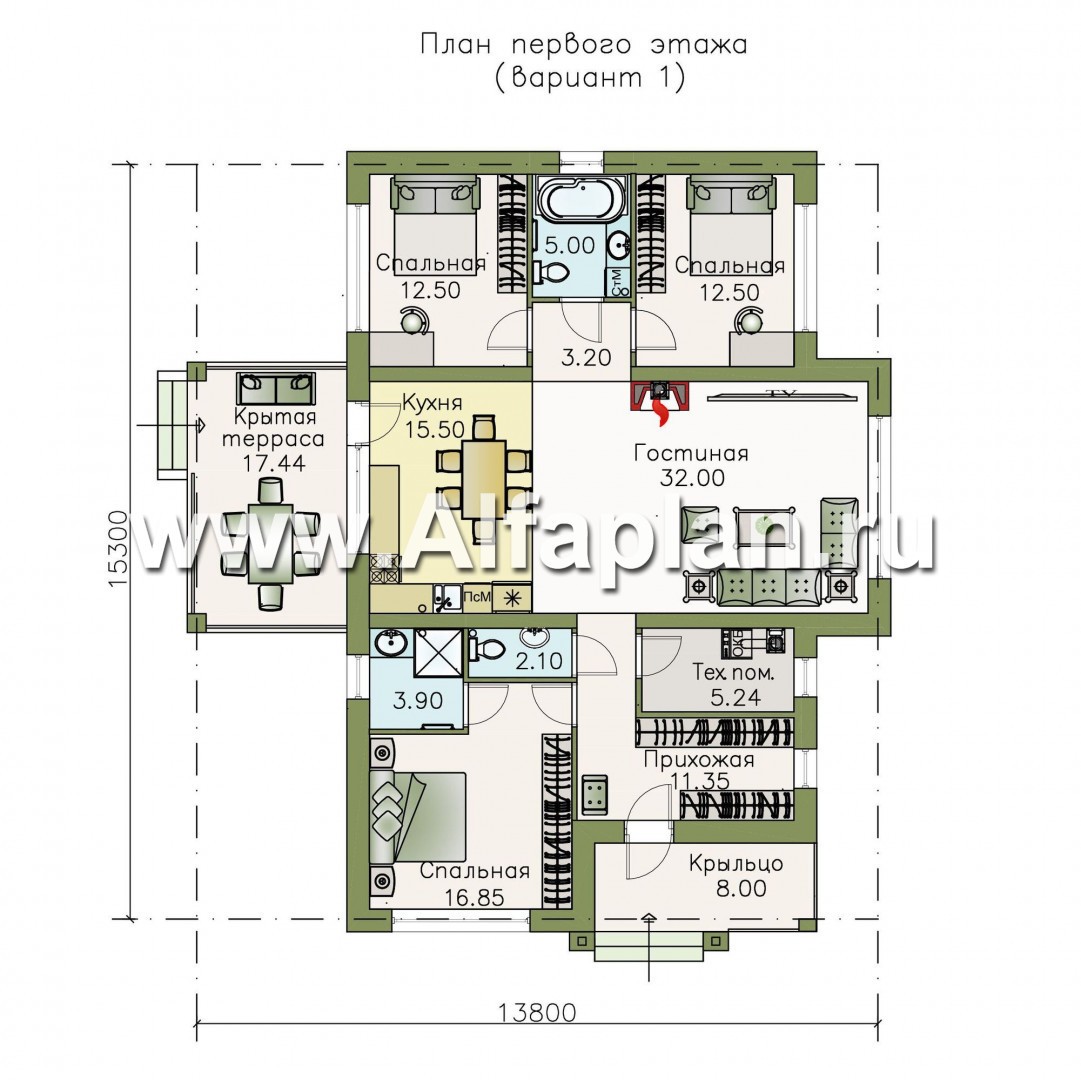 Изображение плана проекта «Урания» - проект одноэтажного дома из кирпича, с террасой, в современном стиле, 3 спальни №1