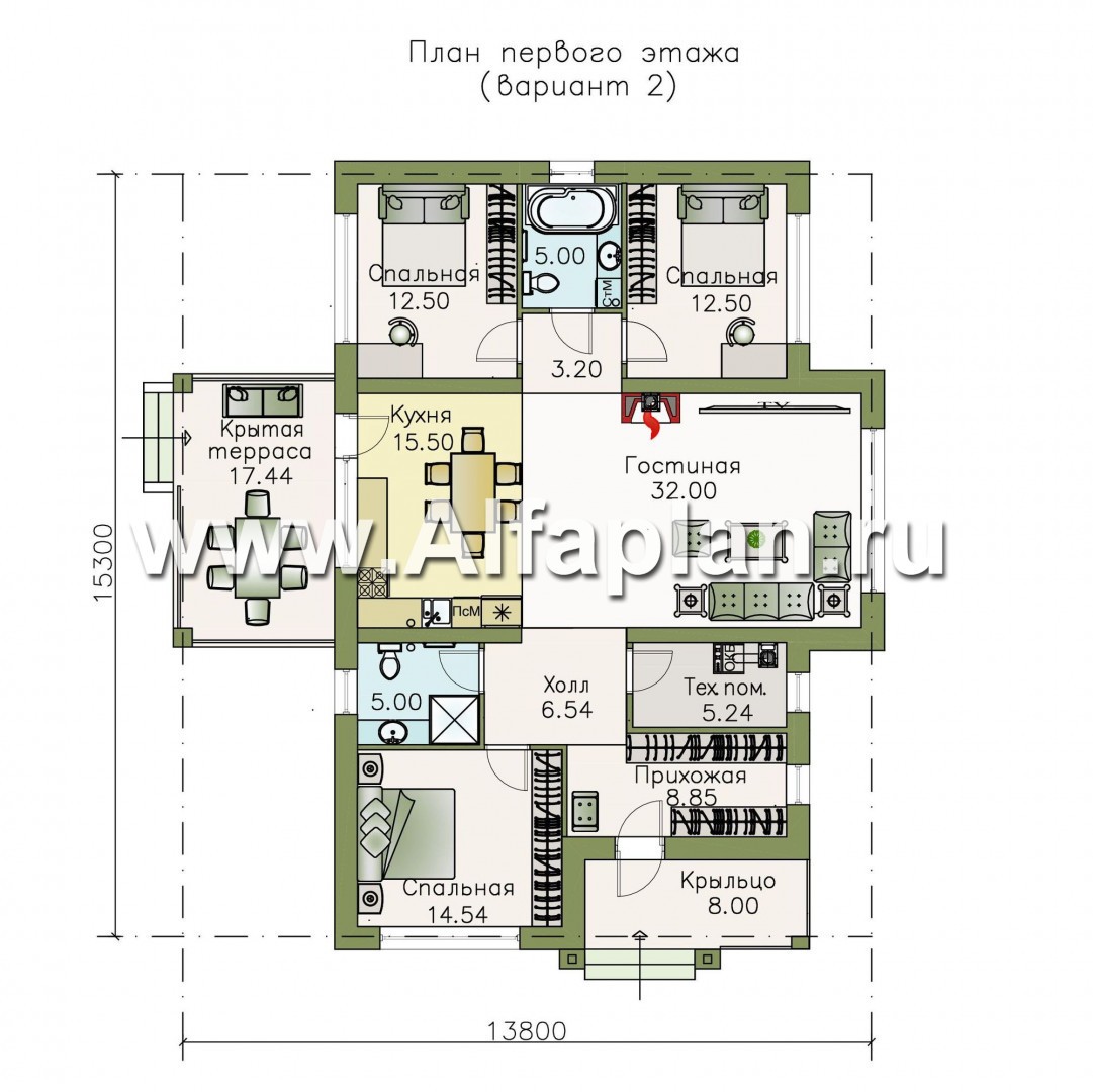 Изображение плана проекта «Урания» - проект одноэтажного дома из кирпича, с террасой, в современном стиле, 3 спальни №2