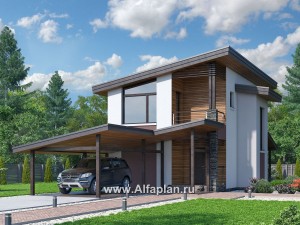 «Арс» - проект двухэтажного дома, с террасой и с балконом,  для узкого участка, навес на 1 авто