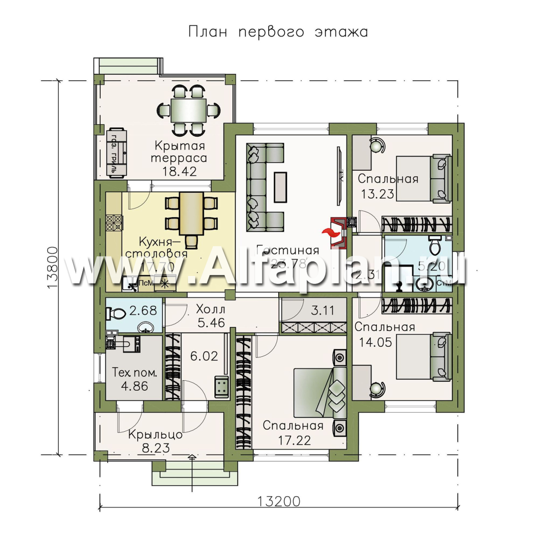 Изображение плана проекта «Жасмин» - проект одноэтажного дома в классическом стиле №1