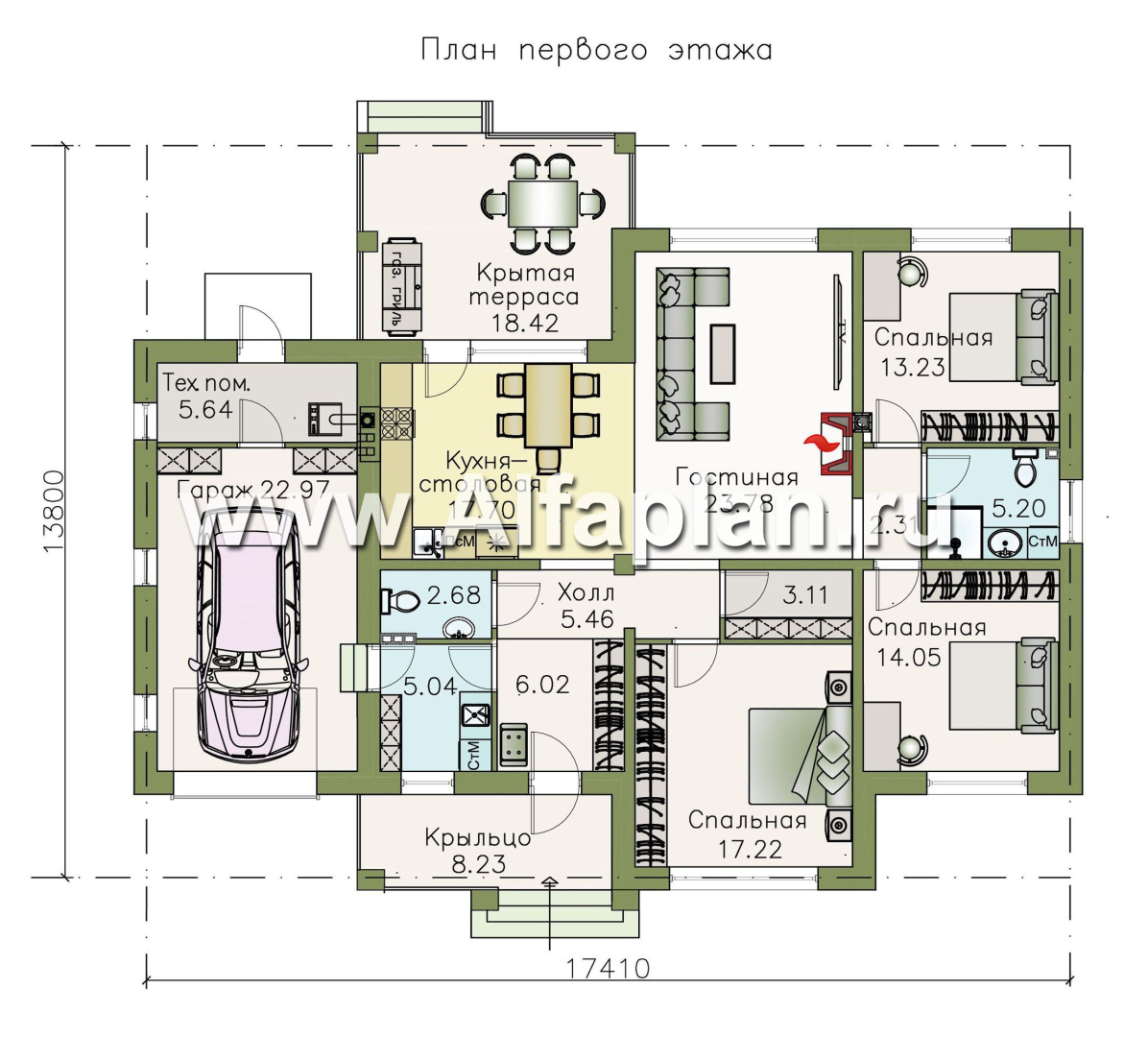 Изображение плана проекта «Жасмин» - проект одноэтажного дома в классическом стиле, с гаражом №1