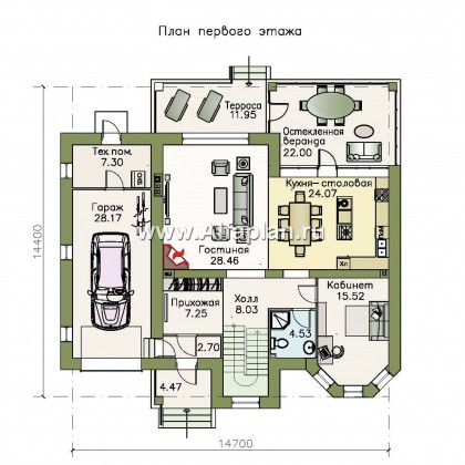 «Амадей» - проект двухэтажного дома, планировка с эркером и с террасой, с гаражом - превью план дома