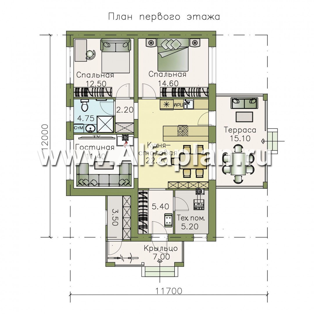 Изображение плана проекта «Мелета» - проект одноэтажного дома из газобетона, 2 спальни, с террасой, в современном стиле №1