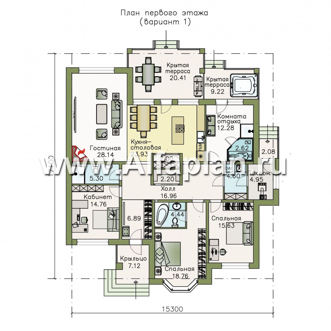 Изображение плана проекта «Калипсо» - проект одноэтажного дома, с сауной и с эркером, с террасой (варианты планировки) №1