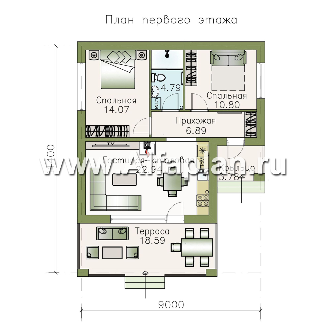 Изображение плана проекта «Виньон» - проект одноэтажного дома, планировка с большой террасой, 2 спальни №1