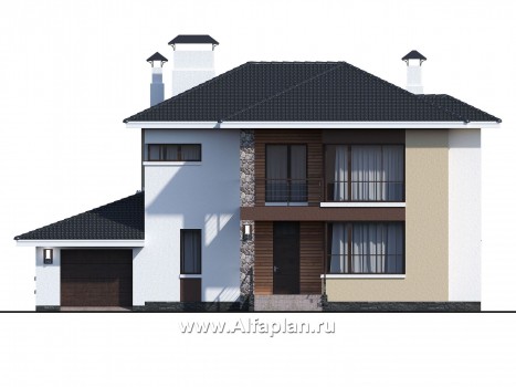 Проекты домов Альфаплан - «Формула успеха» - современный коттедж с угловыми окнами - превью фасада №1