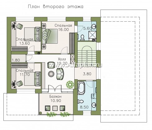 «Пикассо» - проект двухэтажного дома из газобетона, с террасой и балконом, фасад штукатурка - превью план дома