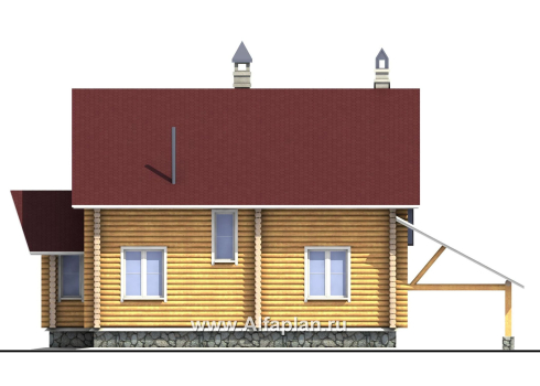 «Л-Хаус» - проект деревянного дома с мансардой, из бревен, с треугольным эркером в гостиной и кабинетом на 1 эт, навес на 1 авто - превью фасада дома