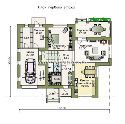 «Северная корона» - проект двухэтажного коттеджа, с террасой, план  дома с кабинетом на 1 эт, гараж на 1 авто, в стиле модерн - превью план дома