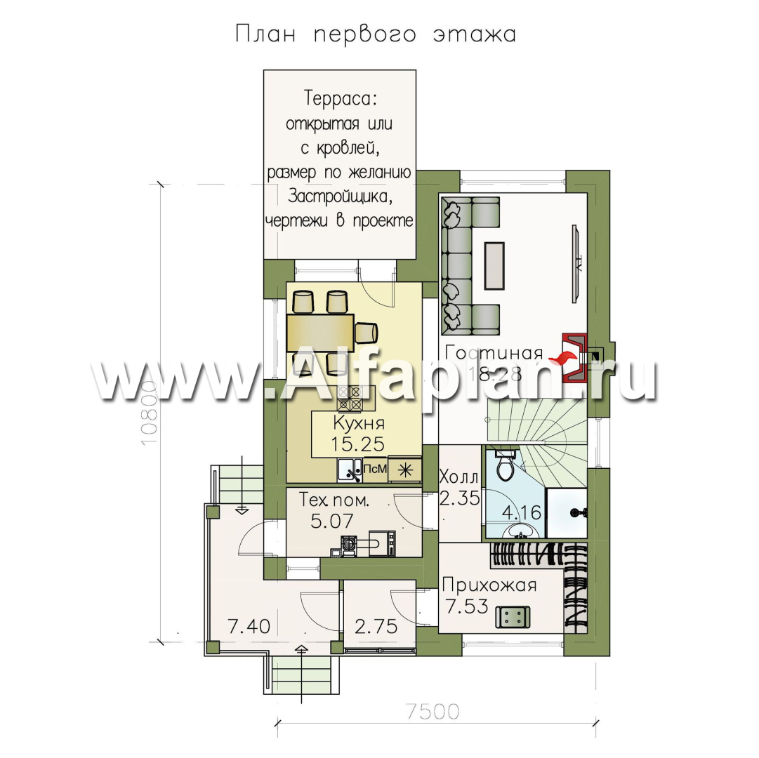 Изображение плана проекта «Каюткомпания» - проект двухэтажного дома для небольшой семьи, 3 спальни №1