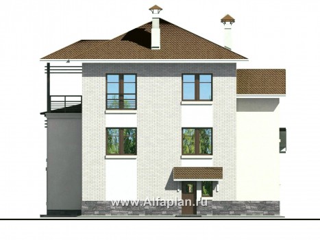 «Светлые времена» - проект трехэтажного дома из кирпича, с сауной и гаражом на 2 авто в цоколе, угловая терраса с панорамным остеклением - превью фасада дома