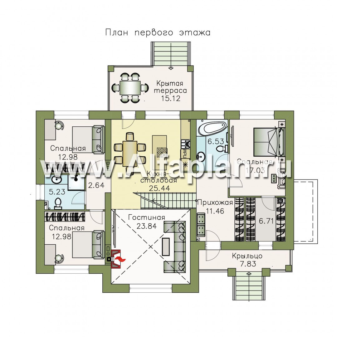 Проекты домов Альфаплан - «Волга» - коттедж с цоколем, тремя жилыми комнатами на 1 этаже и жилой мансардой - план проекта №2