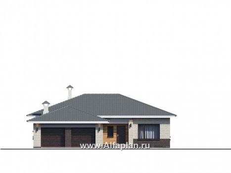 «Зодиак» - проект одноэтажного дома, с террасой и с сауной, в стиле Райта, с гаражом на 2 авто - превью фасада дома