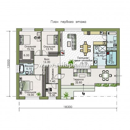 «Алазея» - проект одноэтажного дома из газобетона, с террасой и  с сауной, в современном стиле - превью план дома