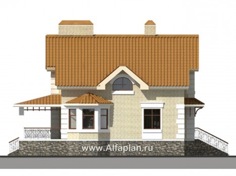 Проект двухэтажного дома из газобетона, с эркером и с гаражом, для большой семьи (6 спален) - превью фасада дома