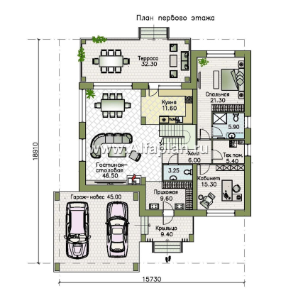 «Футура» - современный двухэтажный дом, с террасой и с плоской крышей, навес на 2 авто, в стиле минимализм - превью план дома