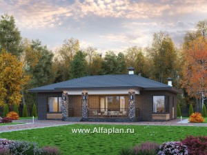 Проекты домов Альфаплан - Проект компактного одноэтажного дома с тремя спальнями - превью основного изображения