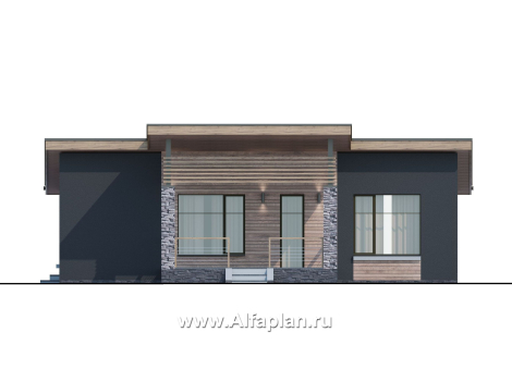 Проекты домов Альфаплан - «Корица» - одноэтажный дом с односкатной крышей, с двумя спальнями - превью фасада №2