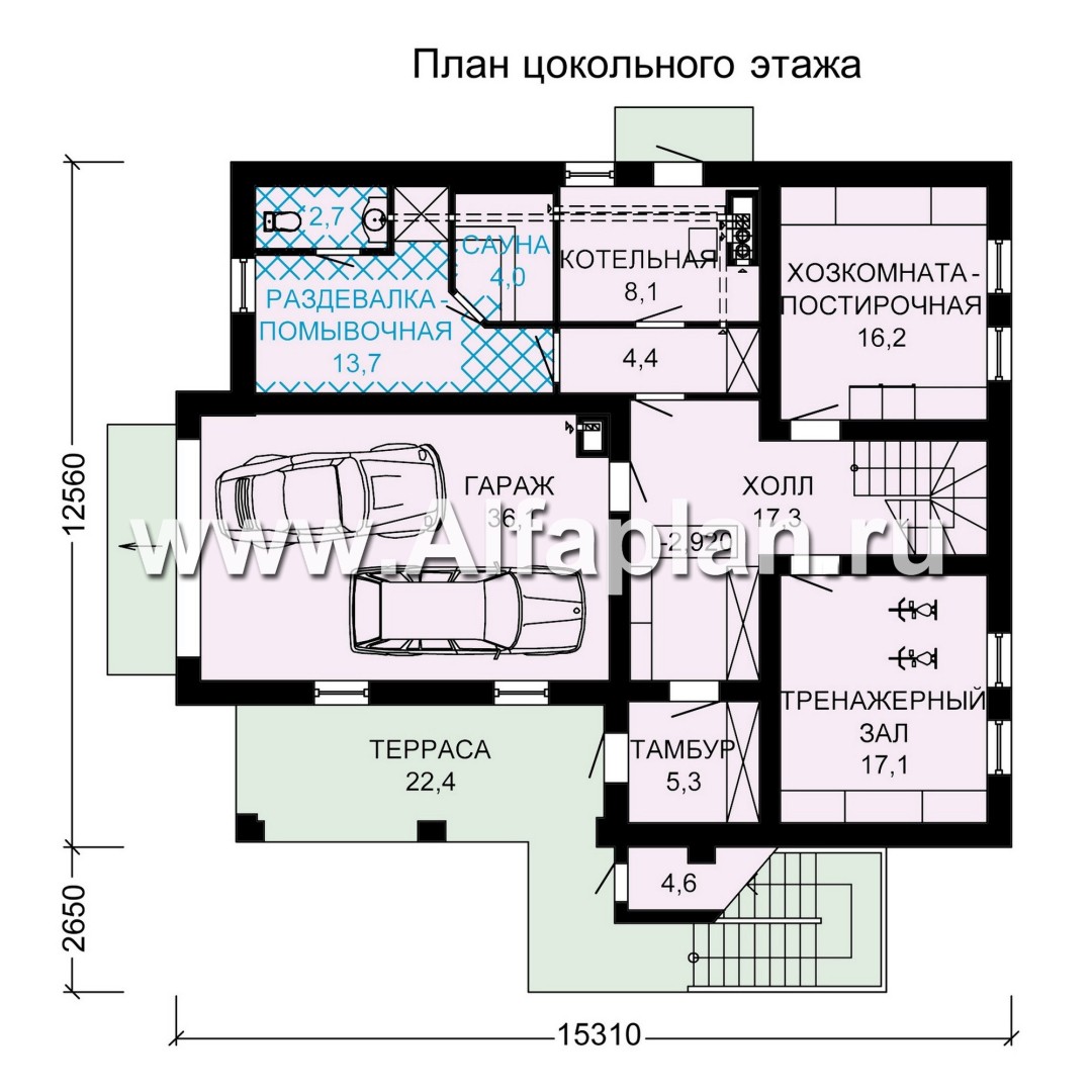 «Традиция» - проект дом с мансардой из бревен, с гаражом и сауной в каменном цоколе,  для участков с рельефом - план дома