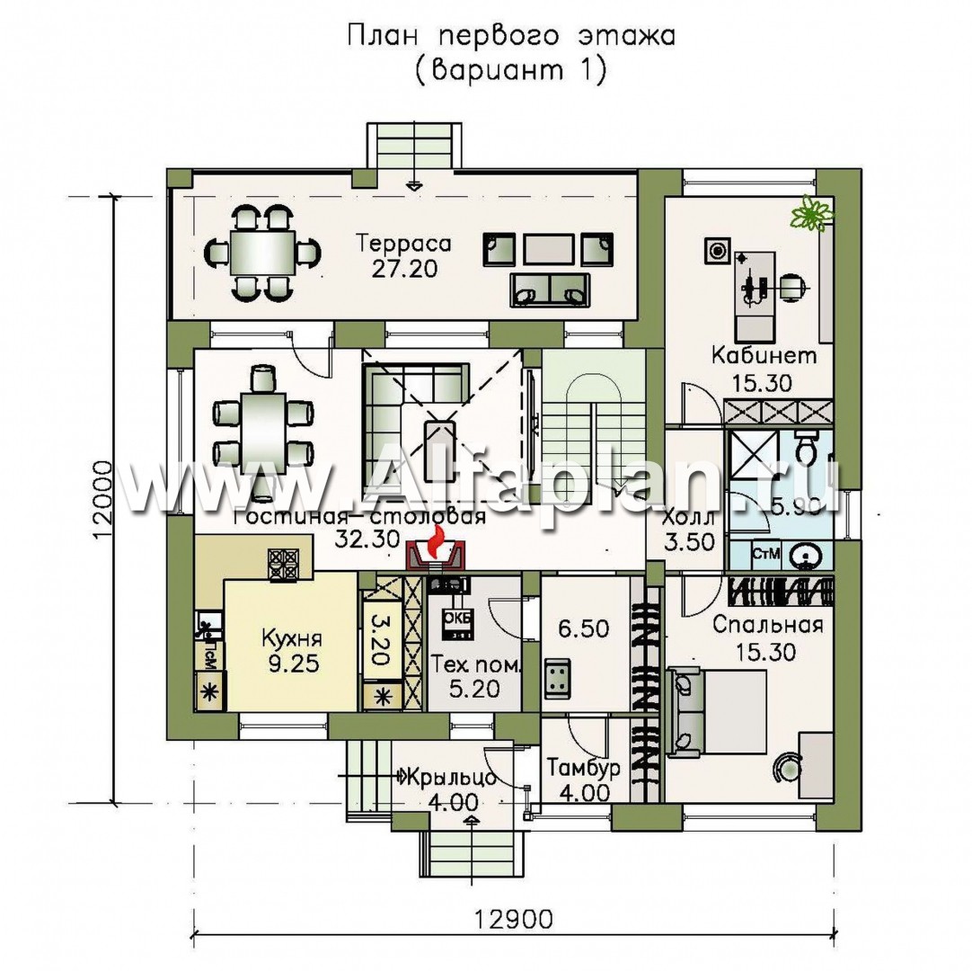 Проекты домов Альфаплан - «Ренуар» - изящный коттедж с двумя комнатами на первом этаже - план проекта №1