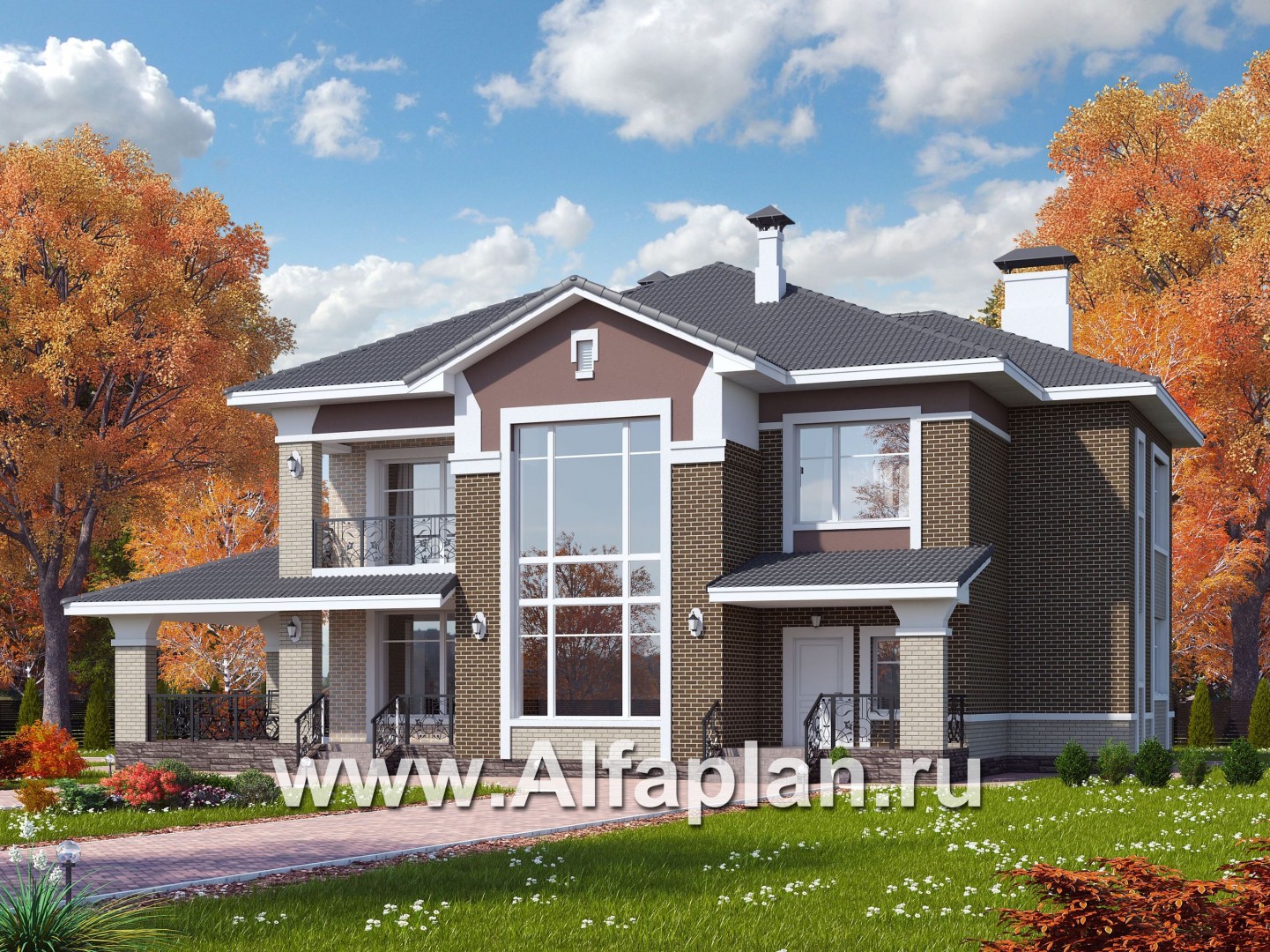 Проекты домов Альфаплан - «Арно» - классический особняк с двусветной столовой и бассейном - основное изображение