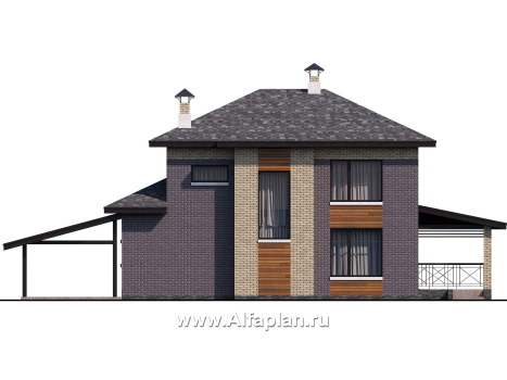 «Стимул» - проект двухэтажного дома с угловой террасой, из кирпича, планировка с кабинетом на 1 эт, в современном стиле, с навесом на 1 авто - превью фасада дома