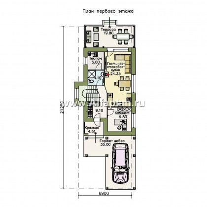 «Арс» - проект двухэтажного дома, с террасой и с балконом,  для узкого участка, навес на 1 авто - превью план дома