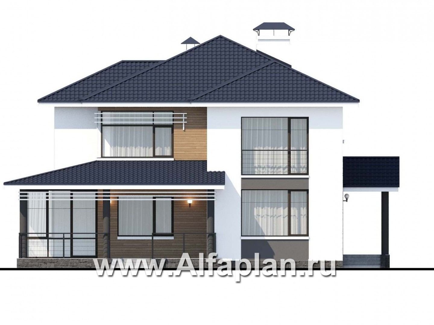 Проекты домов Альфаплан - «Эффект бабочки» - современный дом с верандой и террасой - изображение фасада №1