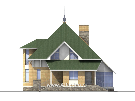 «Петит» - проект дома с мансардой, планировка с полукруглым эркером и с террасой, с пирамидальной кровлей - превью фасада дома