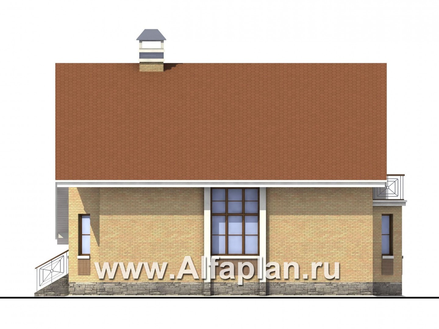 «Престиж» - проект дома с террасой и с гаражом, фасад дома с эркером, из кирпича, в стиле шале - фасад дома