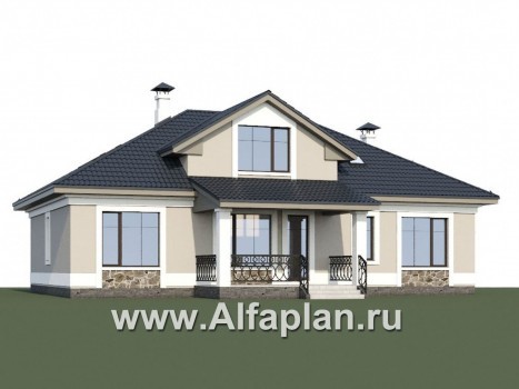 Проекты домов Альфаплан - «Волга» - коттедж с тремя жилыми комнатами на 1 этаже и с жилой мансардой - превью дополнительного изображения №1