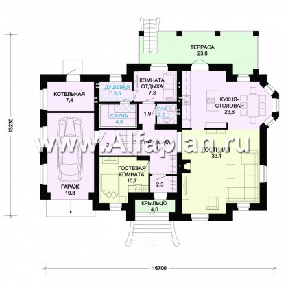 Проект двухэтажного дома из газобетона, с эркером и с гаражом, для большой семьи (6 спален) - превью план дома
