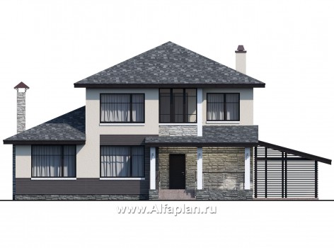 «Одер» - проект двухэтажного дома из газобетона,с террасой и с навесом на 1 авто, в современном стиле - превью фасада дома
